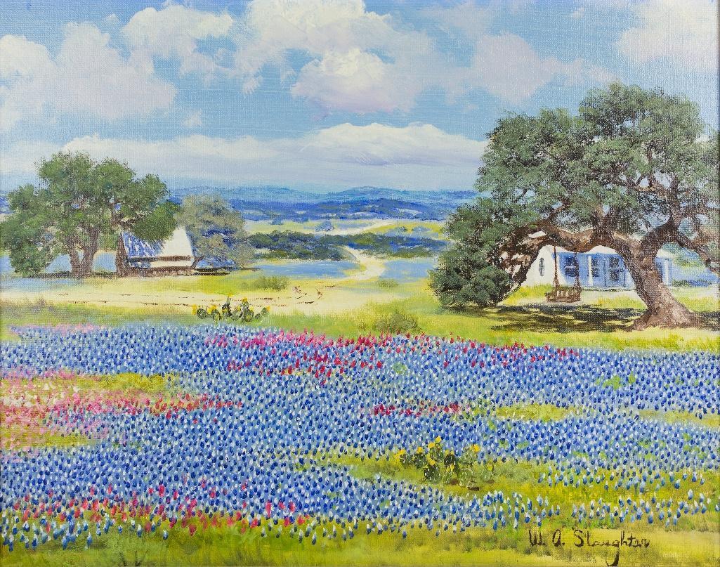W.A. Slaughter, "Bluebonnets with Farmhouse", oil: W.A. Slaughter (1923-2003), "Bluebonnets with Farmhouse", oil on canvas, canvas size: 16 x 20 in., frame size: 20.25 x 24.25 in. William A. Slaughter was born in San Antonio, Texas in 1923 and died in