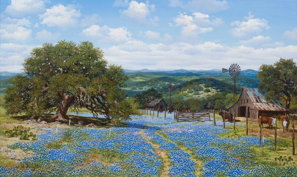 W.A. Slaughter (1923-2003), Bluebonnets, oil on canvas: W.A. Slaughter (1923-2003), Bluebonnets, oil on canvas, 36 x 60 in., frame: 49.5 x 73.5 in. William A. Slaughter was born in San Antonio. His first call was to the ministry and after serving in the Ai