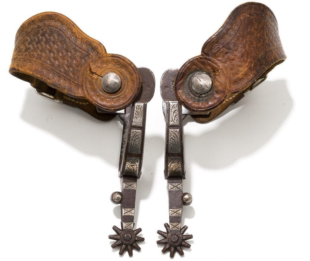 August Buermann, silver inlaid spurs, c. 1920s, marked: August Buermann, silver inlaid spurs, c. 1920s, marked "Star AB" and "pat'd"
