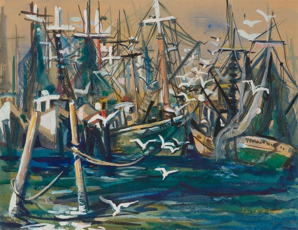 Janet Shook (b. 1912), Shrimp Boats, 1956, watercolor: Janet Shook (b. 1912), Shrimp Boats, 1956, watercolor, sight: 19 x 24.75 in., frame: 28.25 x 34 in. Janet Shook LaCoste was a San Antonio artist, known for her work as a fiber artist and designer. He