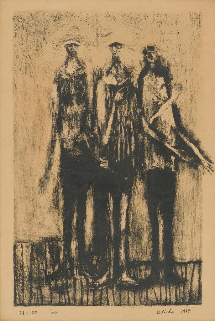 David Adickes (b. 1927), "Trio", 1954, lithograph: David Adickes (b. 1927), "Trio", 1954, lithograph ed. 21/100, image size: 13 x 8.5 in., frame: 22 x 17.25 in. David Adickes was born in 1927 in Texas. The career of this well known Texas a