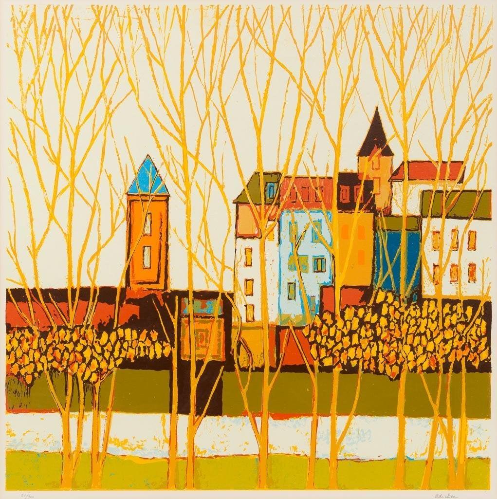 David Adickes (b. 1927): Village through the Trees: David Adickes (b. 1927): Village through the Trees, serigraph ed. 21/300, sight: 23.25 x 23.25 in., frame: 29 x 28.75 in. David Adickes was born in 1927 in Texas. The career of this well known Texas