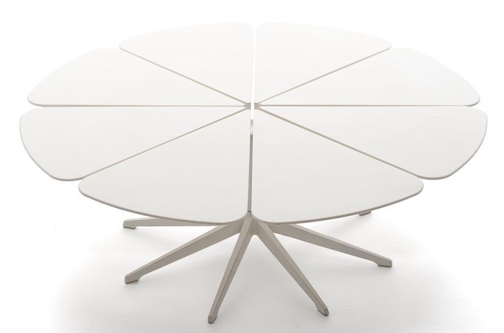 Knoll Petal Table: Designer & Manufacturer: Richard Schultz; Knoll White petal table with wood top, 42" x 14" From the Estate of Linda Pace