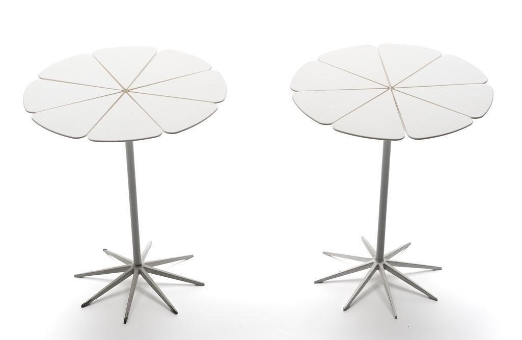 Pair of Knoll Petal Tables: Designer & Manufacturer: Richard Schultz; Knoll Indoor/outdoor petal tables with wood top, one slightly larger than the other, 16" x 19" From the Estate of Linda Pace