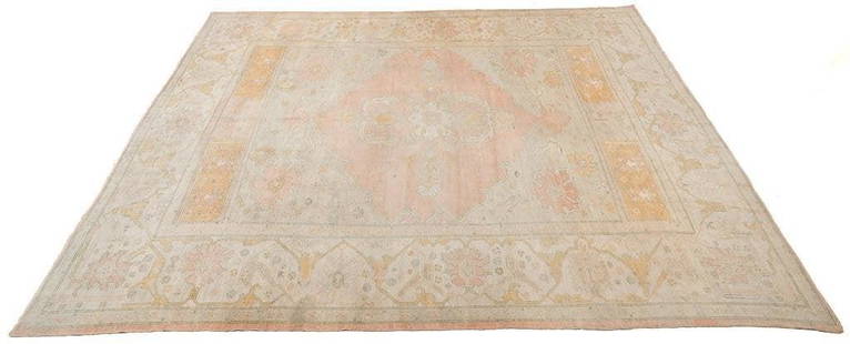 Turkish Oushak Rug: Oushak Turkish antique rug, hand made in Turkey, 100% wool pile, 12' 8" x 17' 2" aprox. A recent appraisal notes that this is a handmade antique Turkish Oushak from the first quarter of the 20th centu