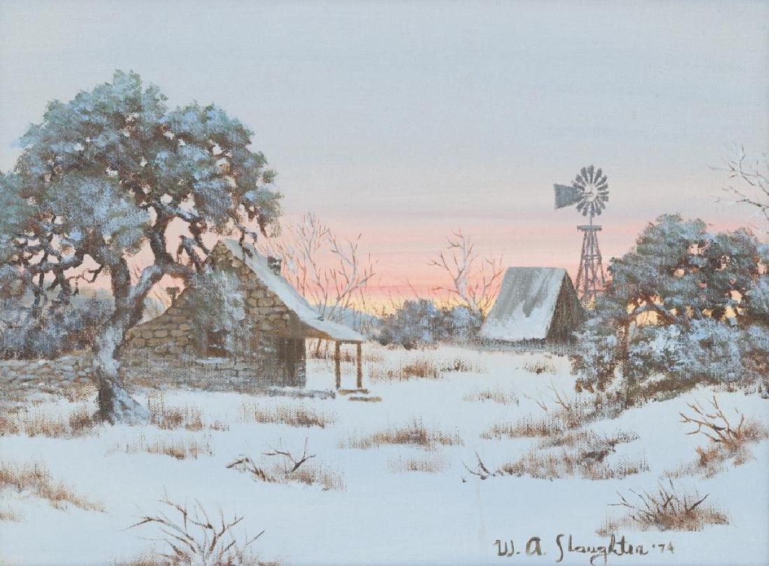 W.A. Slaughter (1923-2003), Winter at the Ranch, 1974,: W.A. Slaughter (1923-2003), Winter at the Ranch, 1974, oil on canvas, 12 x 16", frame: 20.5 x 24.5" William A. Slaughter was born in San Antonio. His first call was to the ministry and after serving i