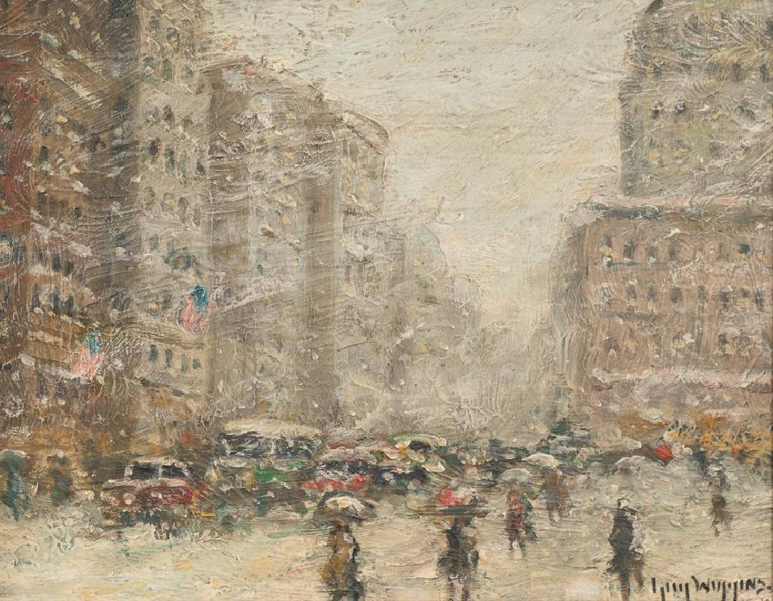 Guy Carleton Wiggins (1883-1962), "Fifth Avenue Winter": Guy Carleton Wiggins (American, 1883-1962), "Fifth Avenue Winter", oil on board, 8 x 10", frame: 11.75 x 13.75" Titled on reverse Provenance:Purchased around 1984-86 from Ross Peacock who owned the Ma