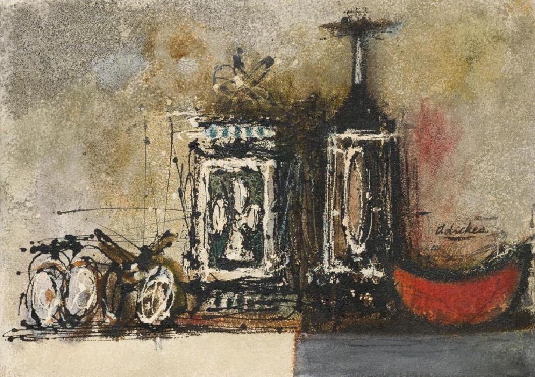 David Adickes (b. 1927), Bottles and Melon, oil: David Adickes (b. 1927), Bottles and Melon, oil and mixed media on board, 18 x 25", frame: 27 x 34" David Adickes was born in 1927 in Texas. The career of this well known Texas artist and sculptor spa