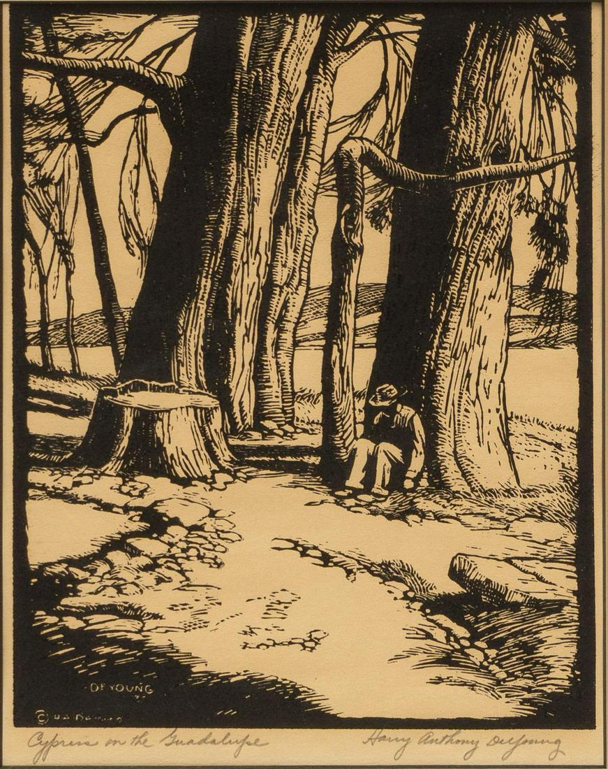 Harry Anthony DeYoung (1893-1956), "Cypress on the: Harry Anthony DeYoung (1893-1956), "Cypress on the Guadalupe", woodblock, image size: 10 x 8", frame: 18.5 x 16.5" Provenance: A San Antonio, Texas Estate Born in Chicago, Illinois, Harry Anthony De
