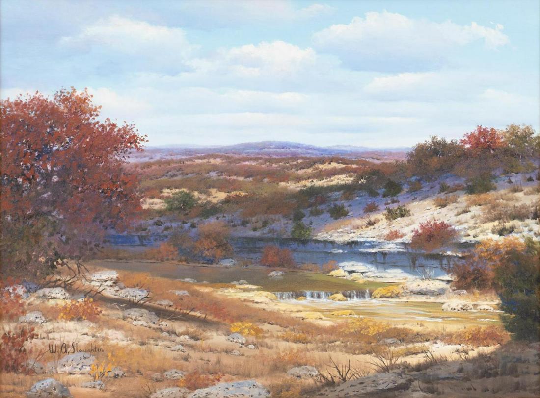 William A. Slaughter (1923-2003), Autumn River: William A. Slaughter (1923-2003), Autumn River, oil on canvas, 30 x 40", frame: 40.25 x 50.25" William A. Slaughter was born in San Antonio. His first call was to the ministry and after serving in the