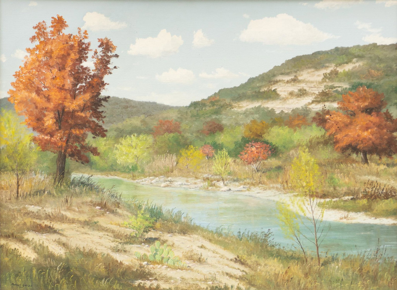 Manuel Garza (b. 1940), Autumn on the River, 1970: Manuel Garza (b. 1940), Autumn on the River, 1970, oil on canvas, 18 x 24", frame: 26 x 32.25" Provenance: An Olmos Park, Texas collection Growing up in Central Texas, Manuel Garza is well acqu