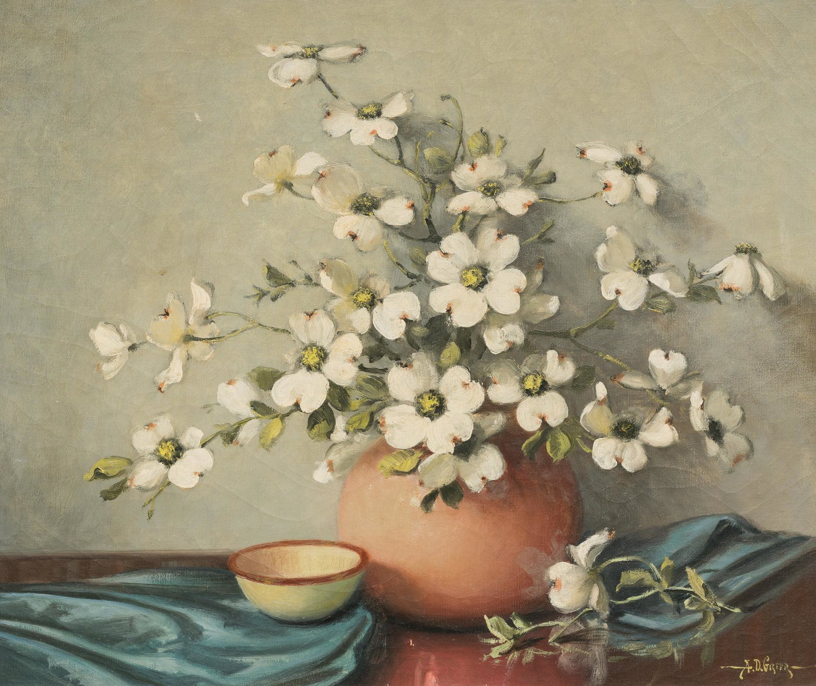 A.D. Greer (1904-1998), Dogwood Blooms: A.D. Greer (1904-1998), Dogwood Blooms, oil on canvas, 22 x 26, frame: 25.5 x 29.75 Provenance: An Alexander City, Alabama estate An artist, poet, lecturer, and illustrator, A.D. Greer became a lege