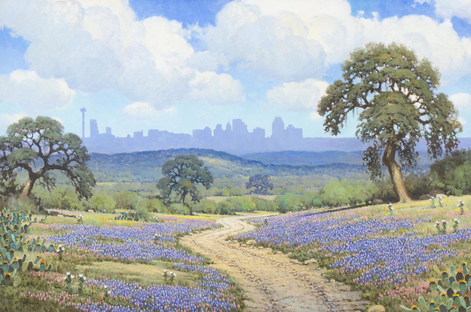 Randy Peyton (b. 1958), "San Antonio Skyline": Randy Peyton (b. 1958), "San Antonio Skyline", oil on canvas, 24 x 36", frame: 28.5 x 40.5" Provenance: An Alamo Heights, Texas collection Native-born Texan Randy Peyton started painting the land of