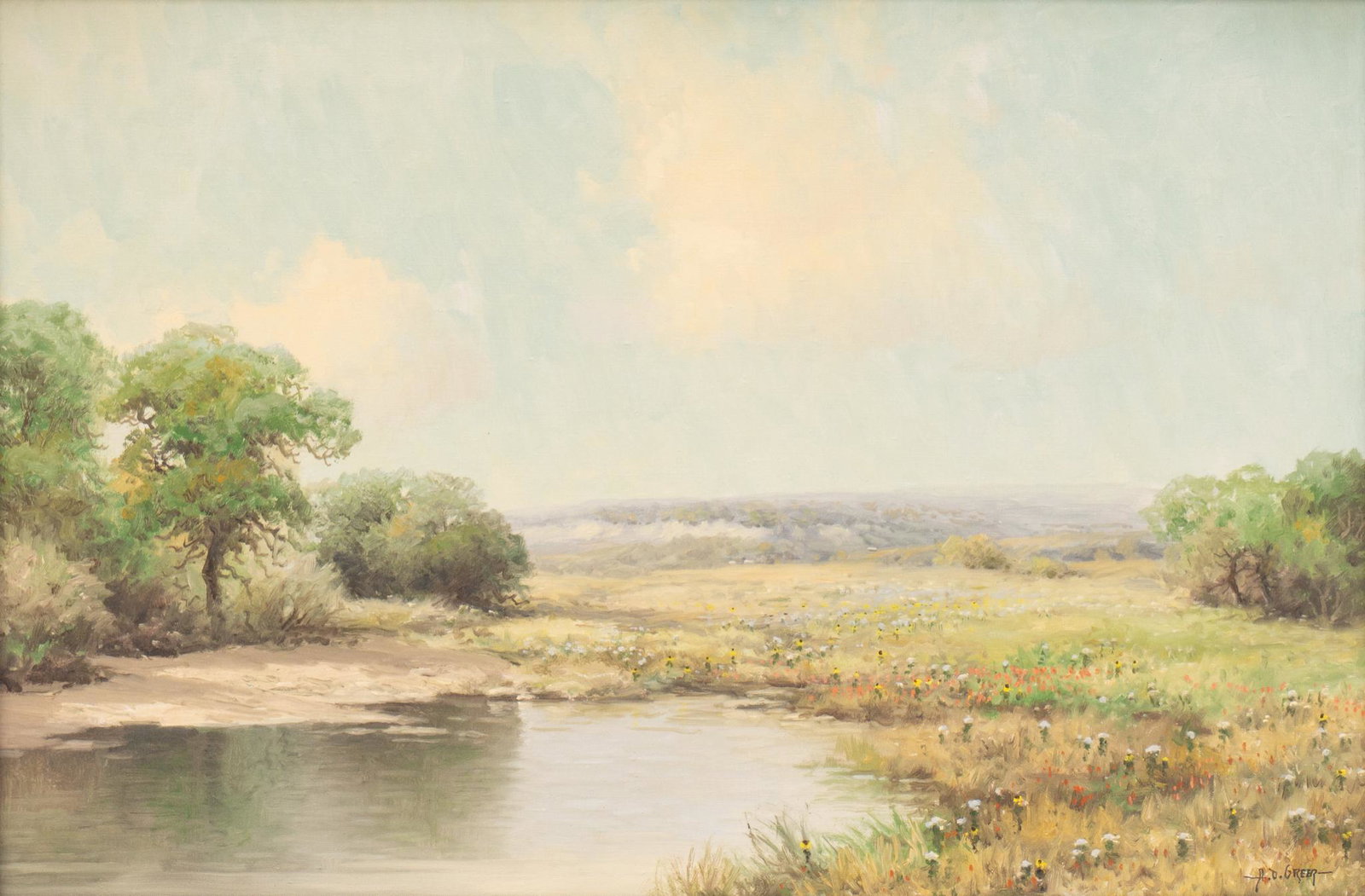 A. D. Greer (1904-1998), "Early Spring, Hill Country: A. D. Greer (1904-1998), "Early Spring, Hill Country Texas", oil on canvas, 24 x 36", frame: 31 x 42.5" Provenance: An Austin, Texas estate An artist, poet, lecturer, and illustrator, A.D. Greer bec