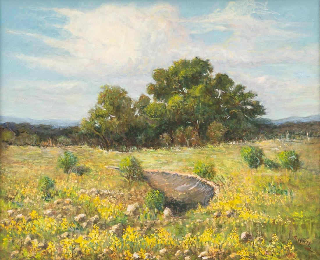 Carl Hoppe (1897-1981), "Yellow Field": Carl Hoppe (1897-1981), "Yellow Field", oil on canvas, 20 x 24", frame: 27.25 x 31", with exhibition label Provenance: An Olmos Park, Texas collection Hoppe was born in San Antonio, his primary