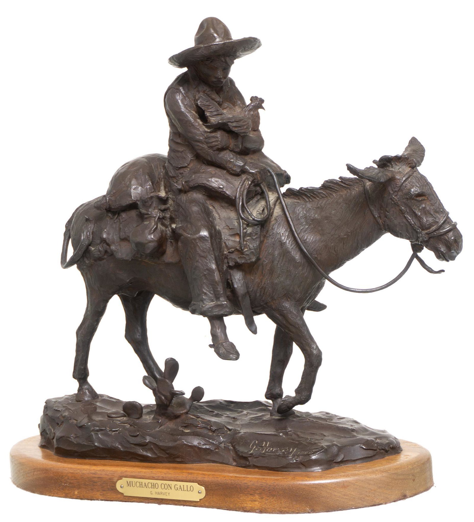 G. (Gerald Harvey Jones) Harvey (1933-2017), "Muchacho: G. (Gerald Harvey Jones) Harvey (1933-2017), "Muchacho con Gallo", bronze, 14 x 6 x 14" Provenance: A Hondo, Texas estate Born in 1933 in San Antonio, Texas, Gerald Harvey Jones, "G. Harvey", was a
