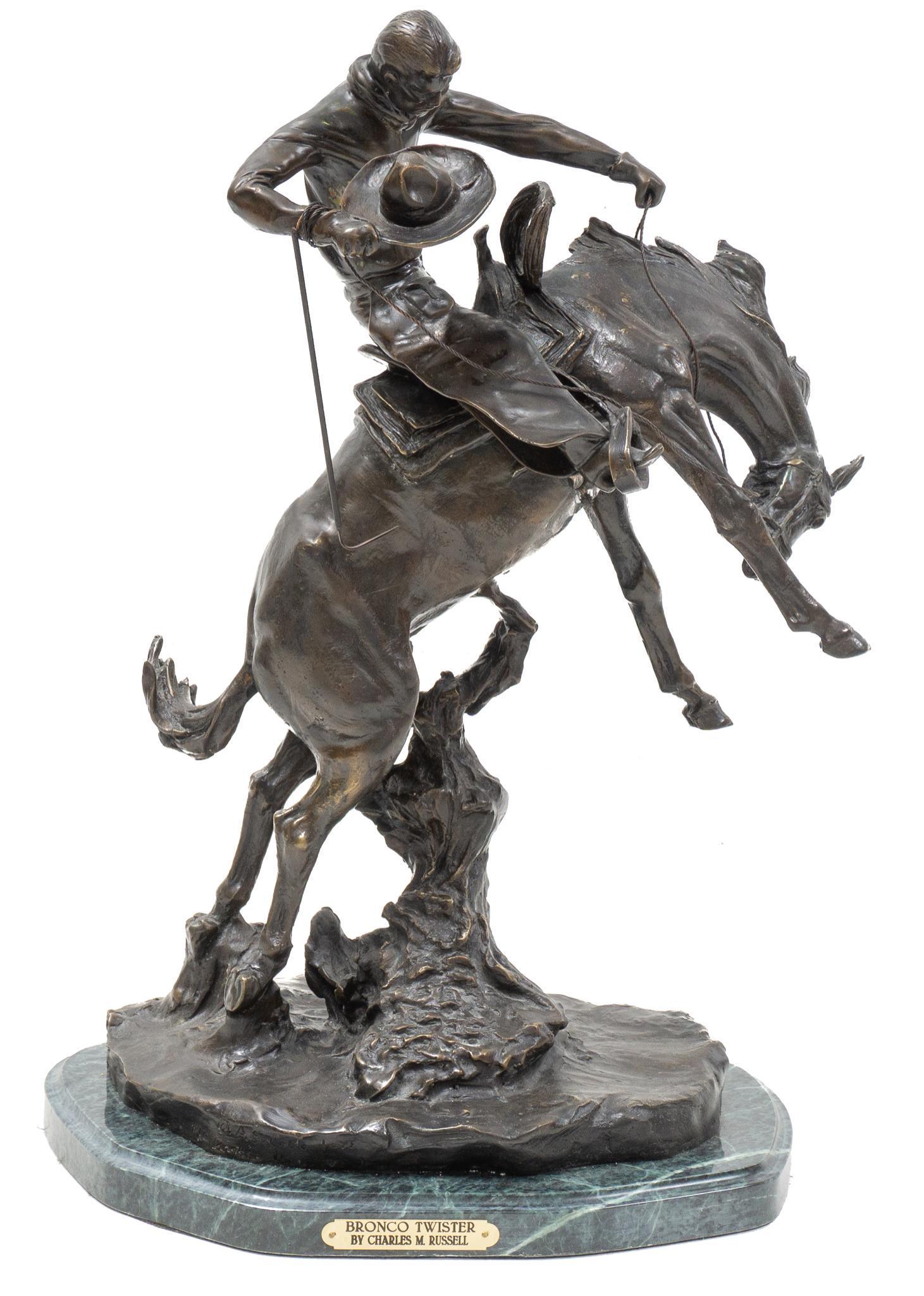 Charles Marion Russell (1864-1926), "Bronco Twister": Charles Marion Russell (1864-1926), "Bronco Twister", recast bronze on marble base, 24 x 18 x 12" Provenance: A West San Antonio, Texas estate Born in 1864 in St. Louis, Missouri, Russell grew up re