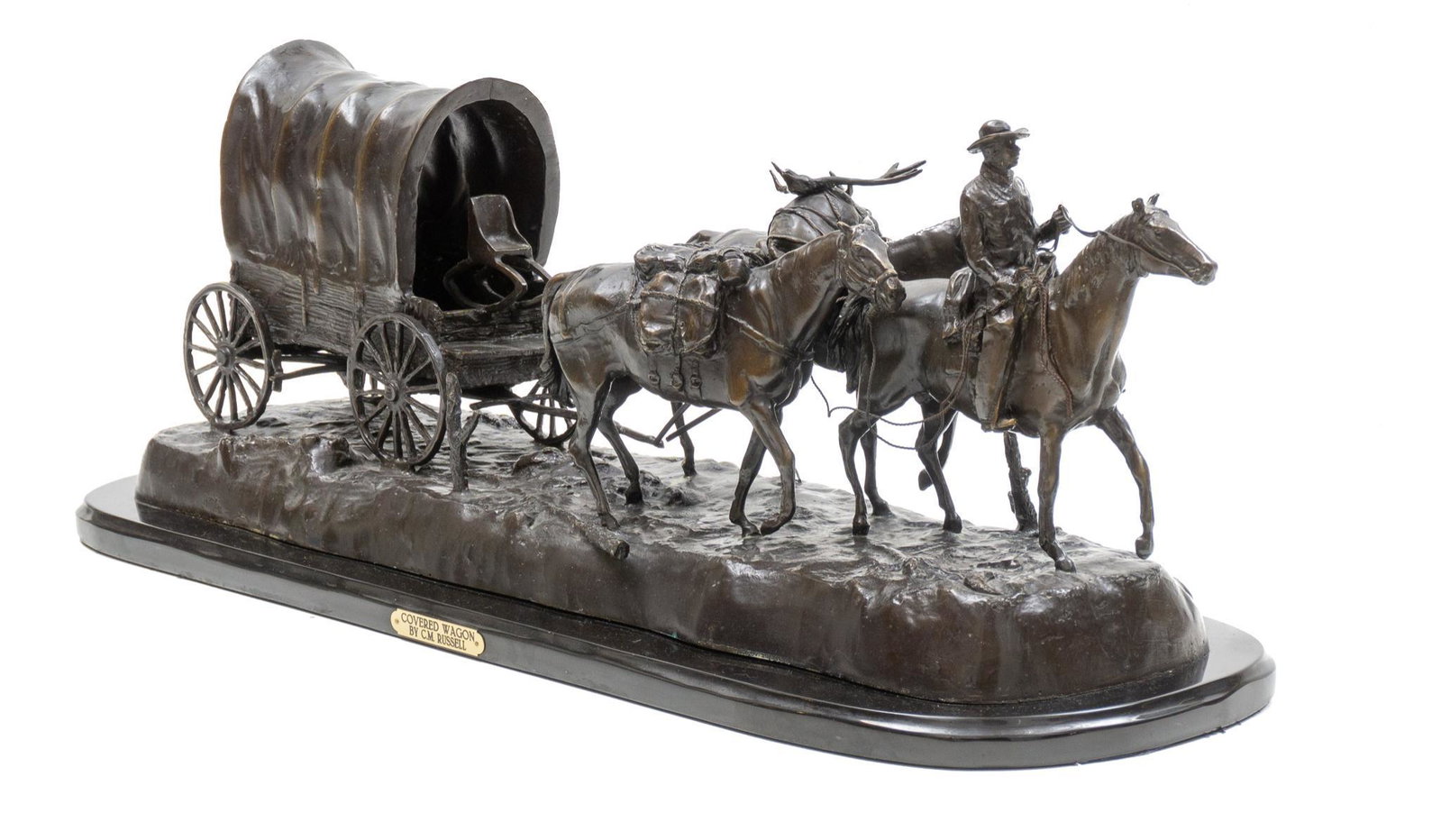 Charles Marion Russell (1864-1926), "Covered Wagon": Charles Marion Russell (1864-1926),"Covered Wagon", recast bronze on marble base, 36 x 12 x 13.5" Provenance: A West San Antonio, Texas estate Born in 1864 in St. Louis, Missouri, Russell grew up re