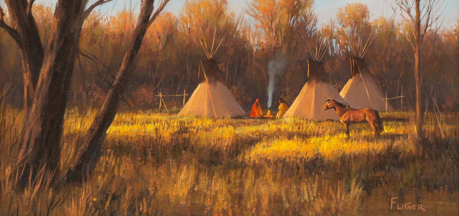 David Flitner (b. 1949), Autumn Campfire: David Flitner (b. 1949), Autumn Campfire, oil on canvas, 8 x 16", frame: 18 x 26" Provenance: A Fort Worth, Texas estate