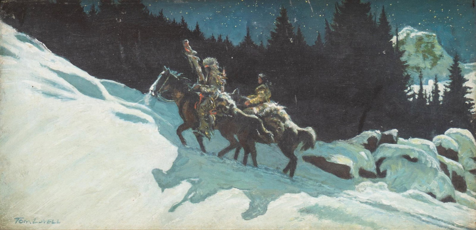 Tom Lovell (1909-1997), Winter Journey: Tom Lovell (1909-1997), Winter Journey, oil on board, 5.5 x 11.5", frame: 11 x 16.75" Provenance: The estate of Larry Castle (Oklahoma City, OK) Tom Lovell was born in New York City in 1909. He grad