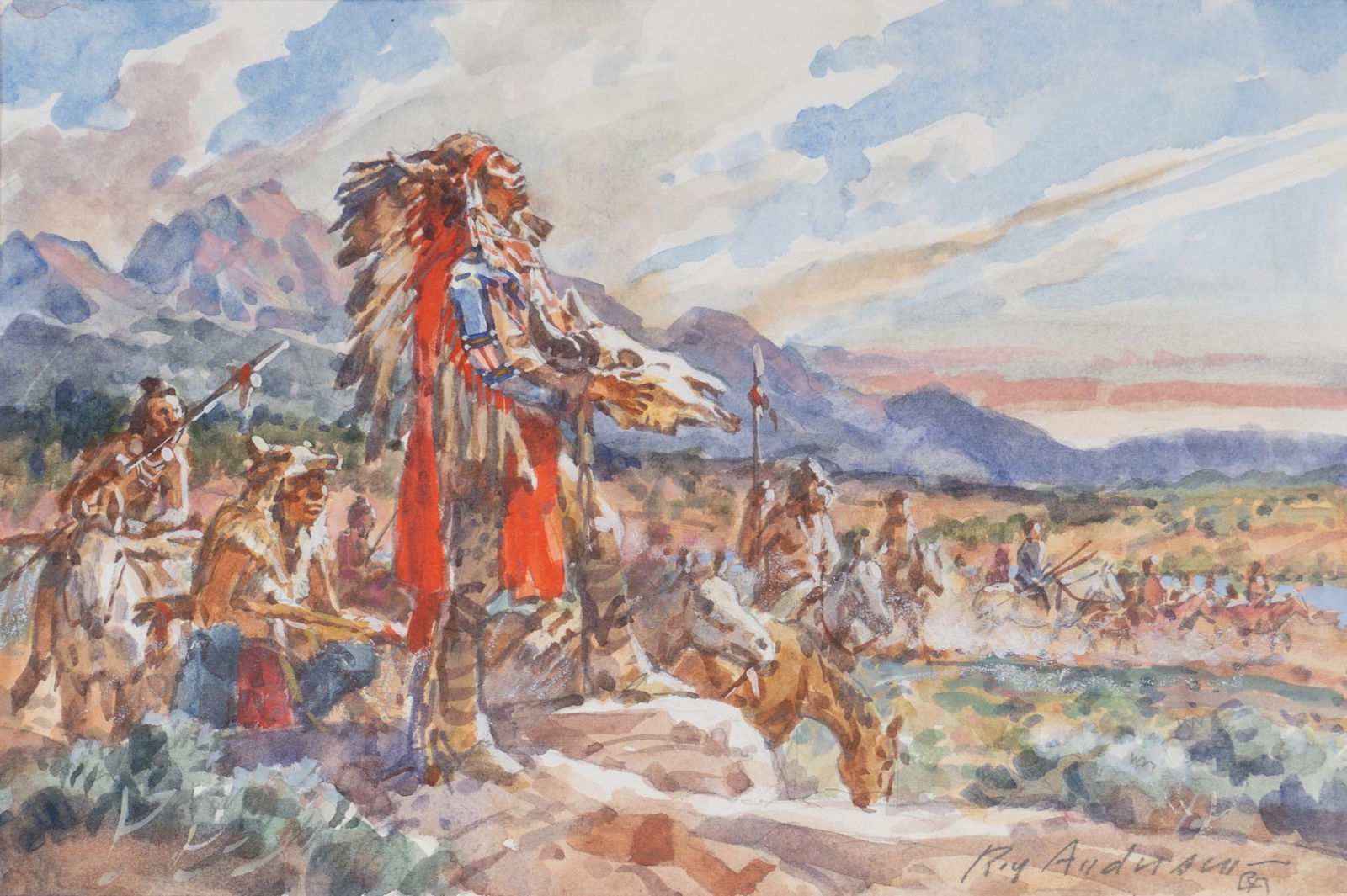 Roy Andersen (1930-2019), "Singing the Good Hunt": Roy Andersen (1930-2019), "Singing the Good Hunt", watercolor study for a larger oil on canvas, image size: 6.25 x 9.5", paper size: 9.5 x 12.25", unframed Known as a western painter, Roy Andersen did