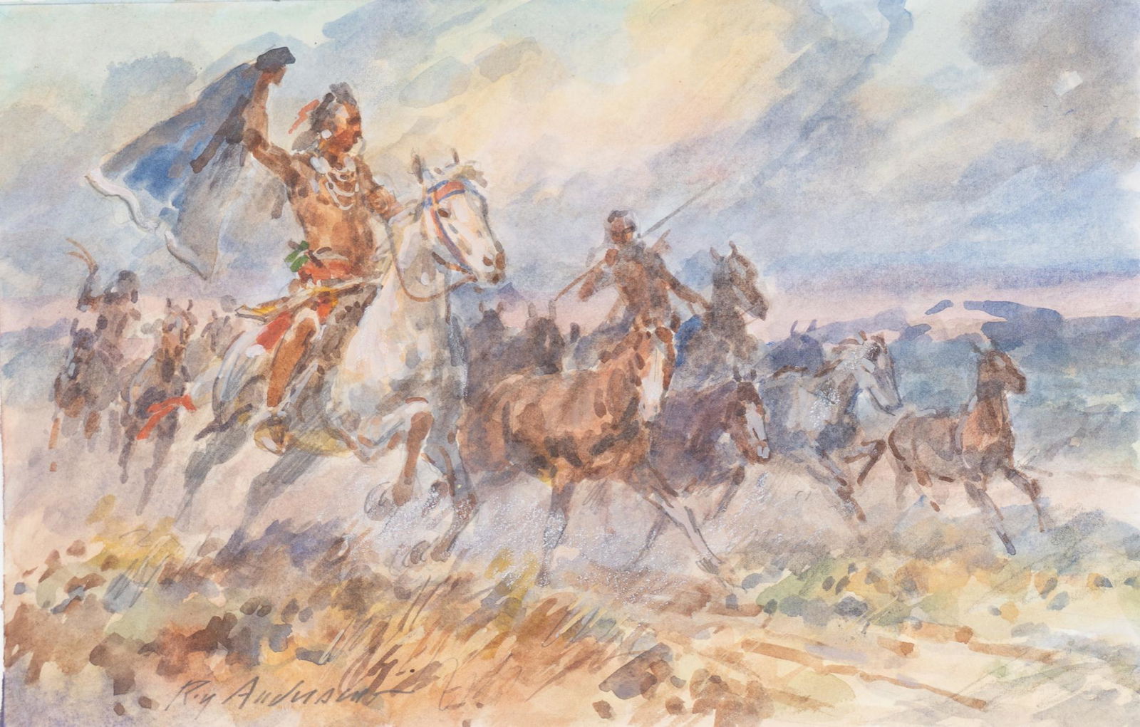 Roy Andersen (1930-2019), "Pony Thunder": Roy Andersen (1930-2019), "Pony Thunder", watercolor study for a larger oil on canvas, image size: 7.25 x 10.75", paper size: 10.25 x 14", unframed Known as a western painter, Roy Andersen did paintin