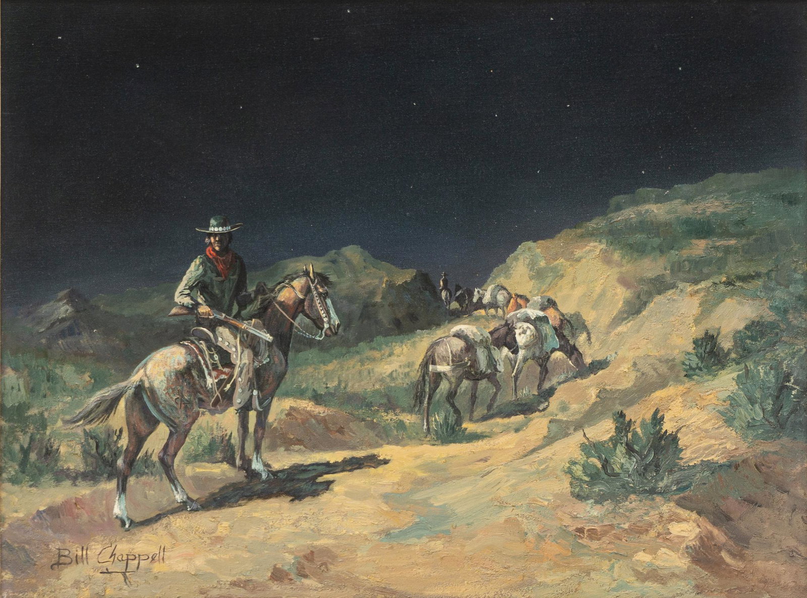 Bill Chappell (1919-2010), "Watching the Back Trail": Bill Chappell (1919-2010), "Watching the Back Trail", oil on canvas, 18 x 24", frame: 27.5 x 33.5" Provenance: The Estate of Alton Jackson "Jack" Green Jr. (Victoria, TX) Chappell was born in Van Za