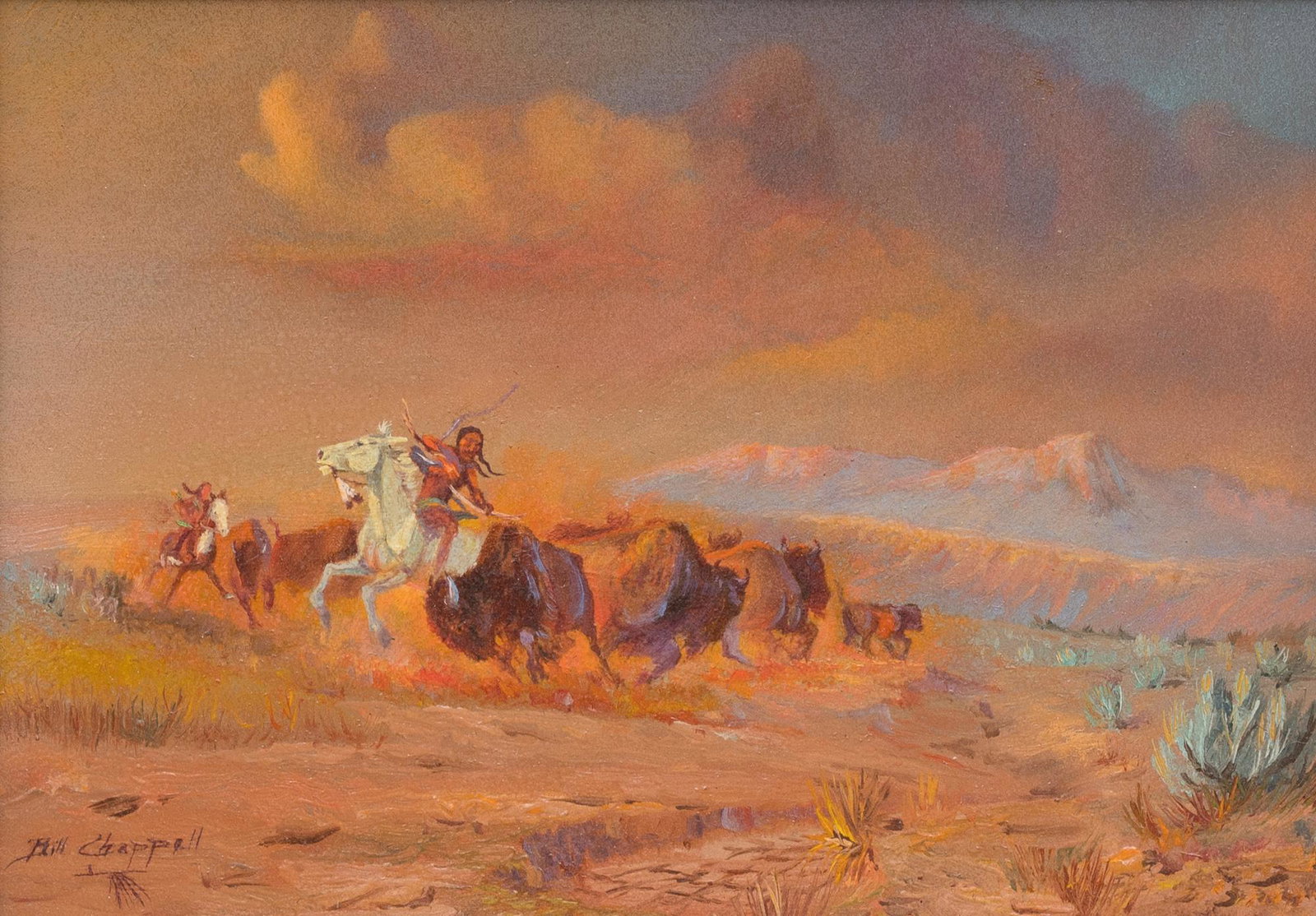 Bill Chappell (1919-2010), "Buffalo Hunt, Eastern: Bill Chappell (1919-2010), "Buffalo Hunt, Eastern Colorado", 1976, oil on board, 7.25 x 9.25", frame: 12.5 x 14.5" Chappell was born in Van Zant County, Texas in 1919. His early years were spent on a 