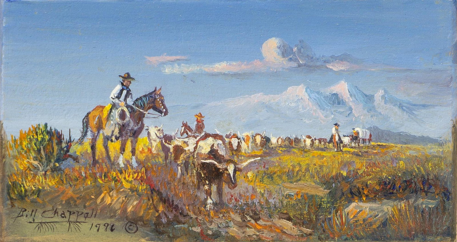 Bill Chappell (1919-2010), Cattle Drive, 1996: Bill Chappell (1919-2010), Cattle Drive, 1996, oil on board, 2.5 x 4.5", frame: 8 x 10" Provenance: The Estate of Alton Jackson "Jack" Green Jr. (Victoria, TX) Chappell was born in Van Zant County,