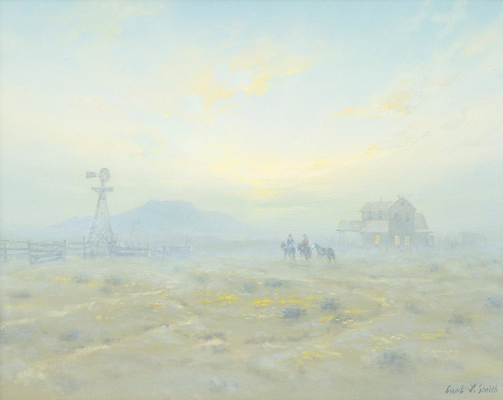Carl J. Smith (b. 1928), "Sunset": Carl J. Smith (b. 1928), "Sunset", oil on canvas, 16 x 20", frame: 24.25 x 28.5" Provenance: A Hereford, Texas corporate collection Born in Kress, Texas in 1928, Smith has spent time living in the h