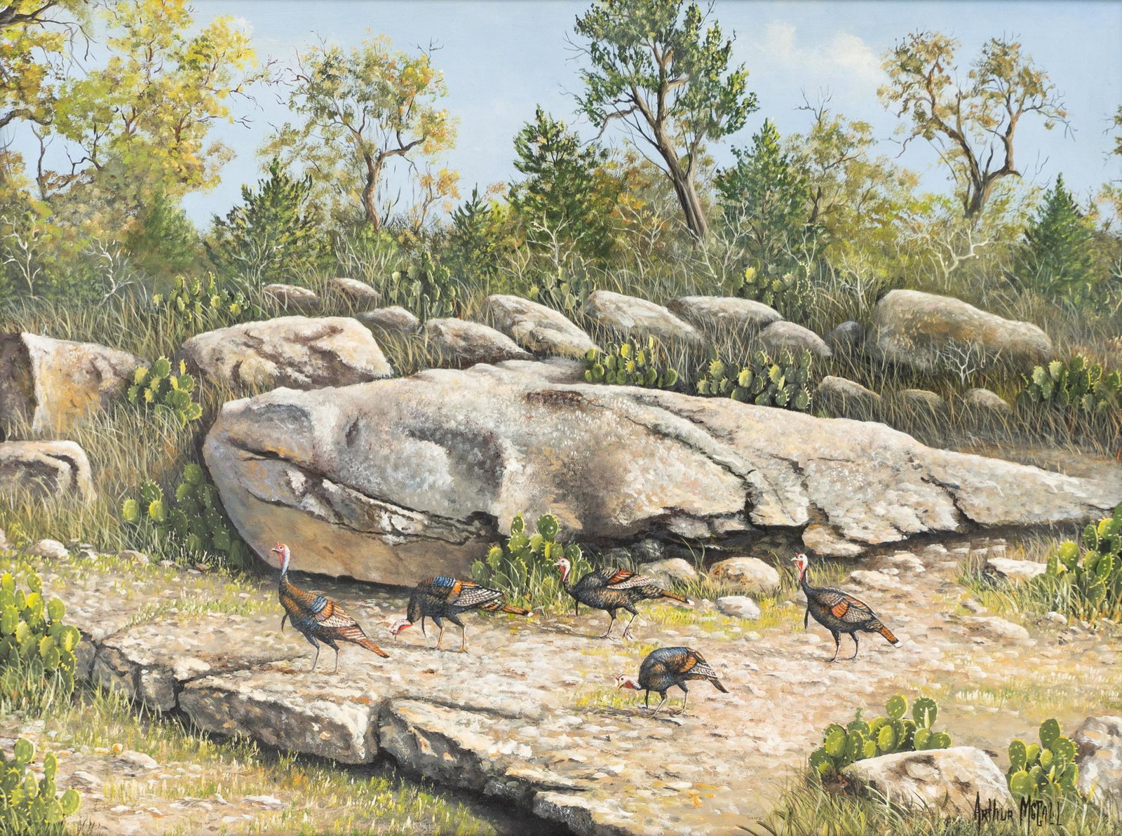 Arthur McCall, Turkey Flock: Arthur McCall, Turkey Flock, oil on board, 18 x 24", frame: 22.5 x 28.5" Provenance: A San Antonio, Texas estate Arthur McCall, a native of South Texas, is a long-time resident of Pleasanton, Texas.