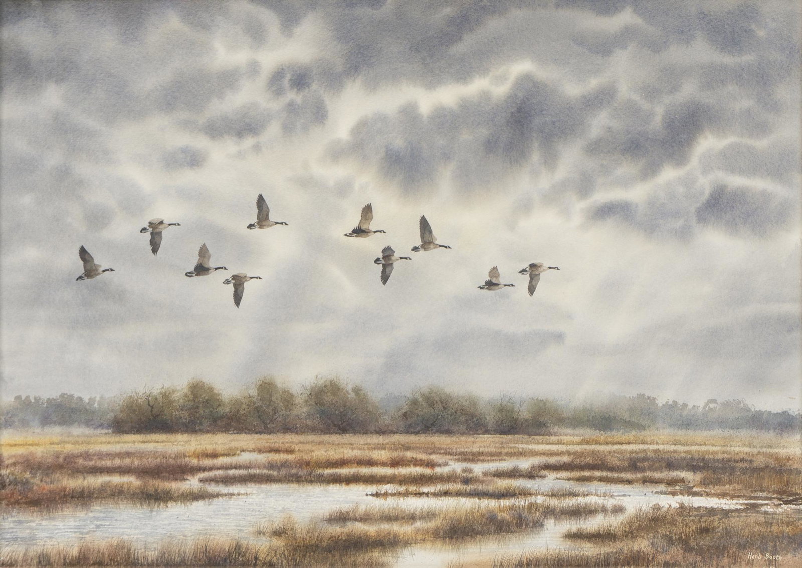 Herb Booth (1942-2014), Geese Flying South: Herb Booth (1942-2014), Geese Flying South, watercolor, 21 x 29", frame: 25.25 x 33.75" Provenance: The collection of Monroe and Kay Luther (Houston, TX) Herb Booth wedded his artistic skills with d
