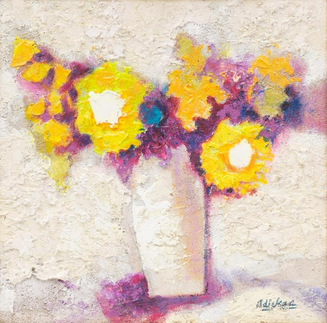 David Pryor Adickes (b. 1927), "Flowers in White Vase": David Pryor Adickes (b. 1927), "Flowers in White Vase", acrylic on board, 18 x 18", frame: 23.75 x 23.75" Provenance: Collection of the artist (Houston, TX) David Adickes was born in 1927 in Te