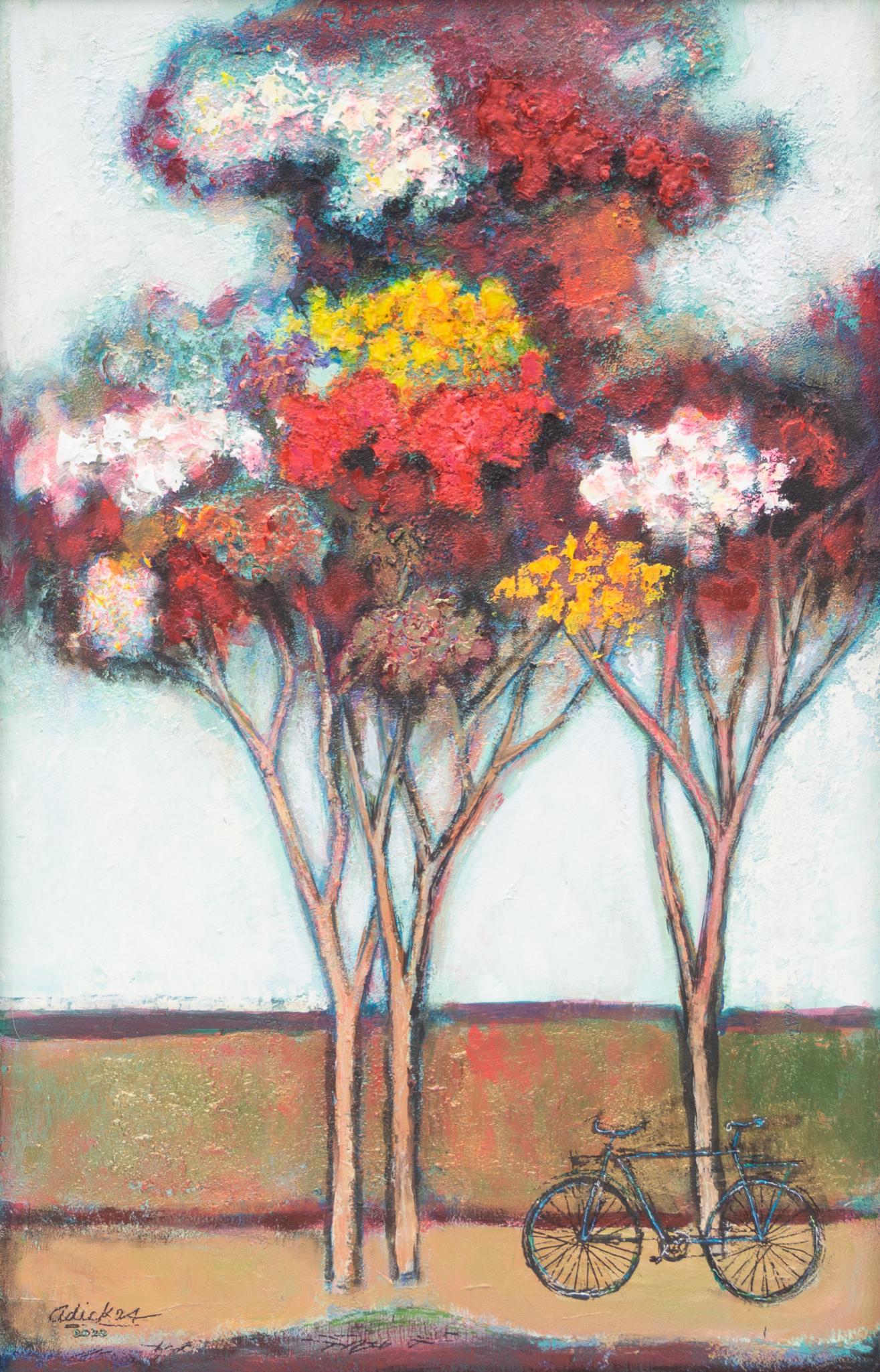 David Pryor Adickes (b. 1927), "Trees with Bicycle": David Pryor Adickes (b. 1927), "Trees with Bicycle", acrylic on board, 23 x 36", frame: 37 x 23.75" Provenance: Collection of the artist (Houston, TX) David Adickes was born in 1927 in Te