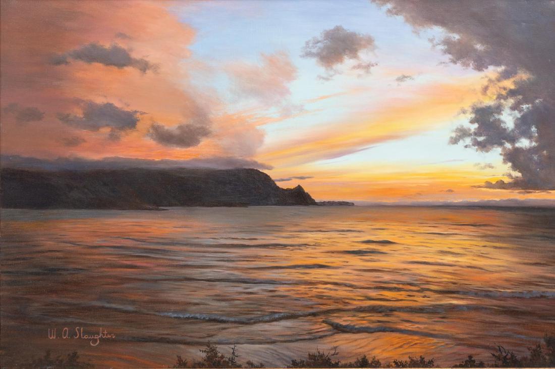 William Slaughter (1923-2003), Sunset on the Coast, oil: William Slaughter (1923-2003), Sunset on the Coast, oil on canvas, 24 x 36", frame: 33.75 x 45.5" William A. Slaughter was born in San Antonio. His first call was to the ministry and after serving in
