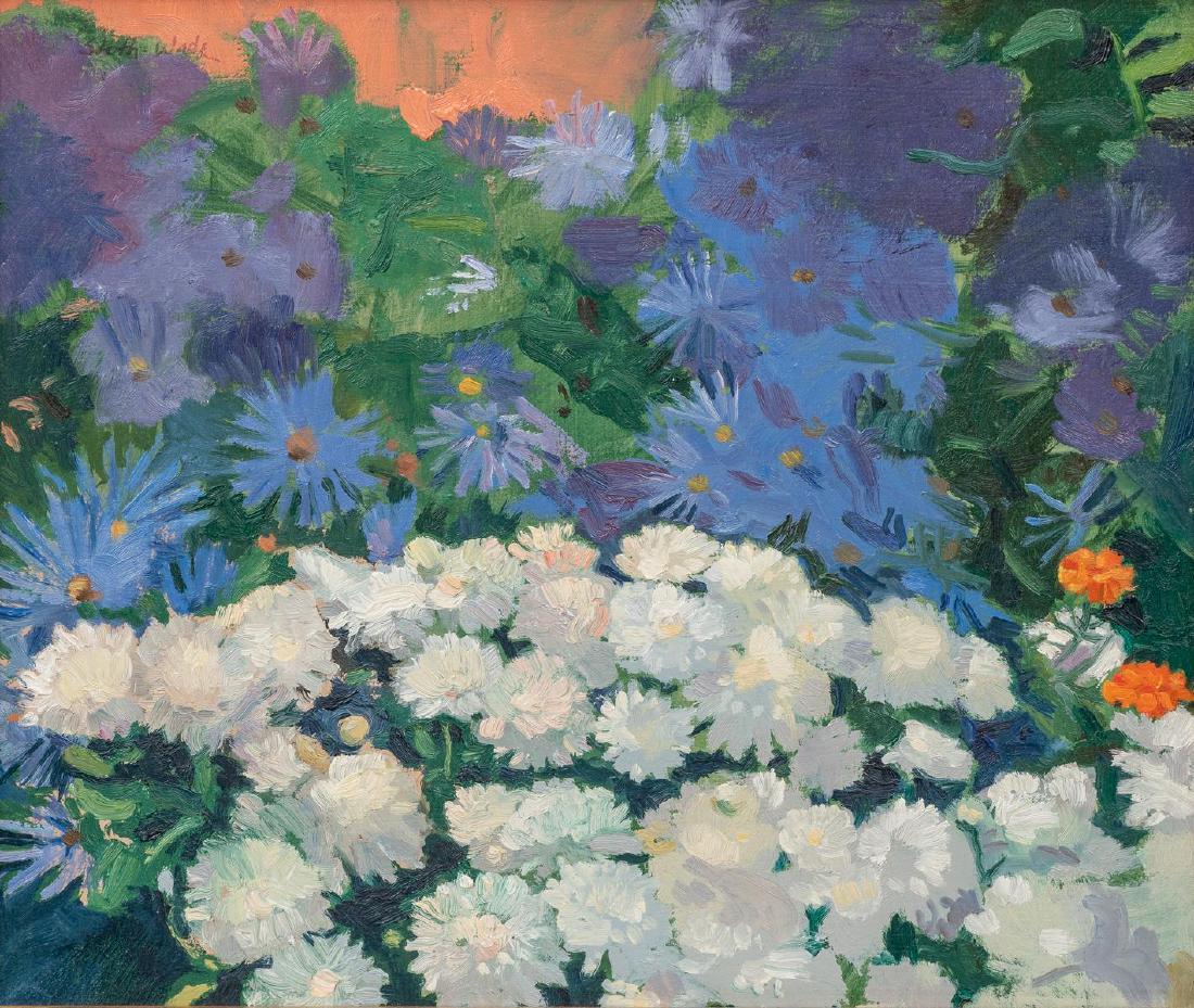 Bob Stuth-Wade (b. 1953), "East Garden", 1988, oil: Bob Stuth-Wade (b. 1953), "East Garden", 1988, oil on masonite, sight: 11 x 13.25", frame: 16 x 18" Bob Stuth-Wade was born in 1953 in Norfolk, Virginia, although he later relocated to Texas. Known fo