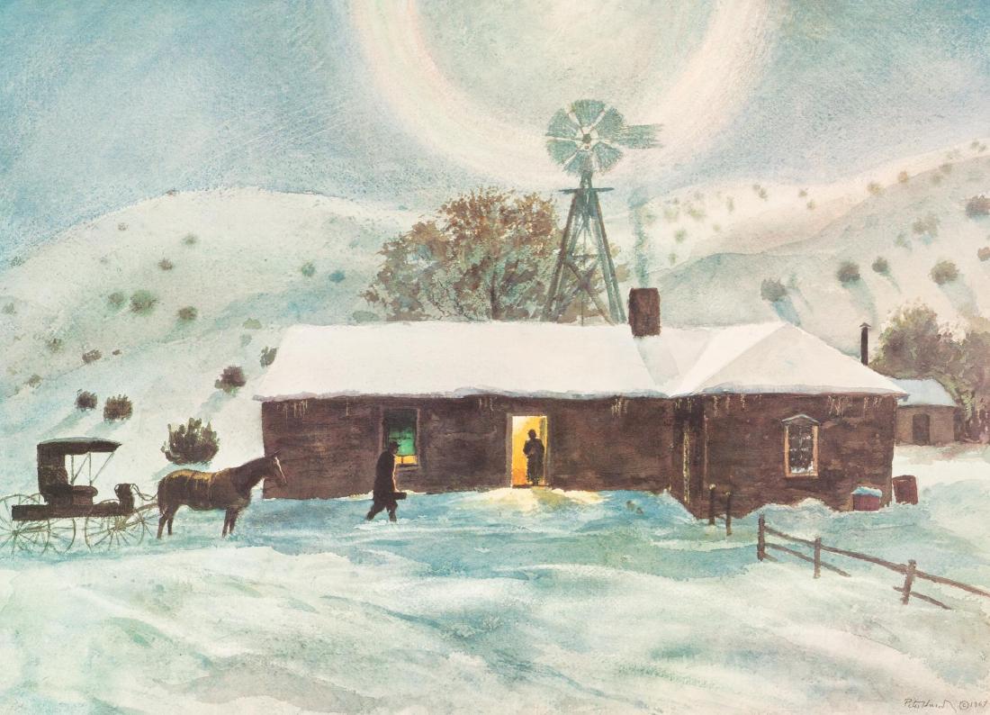 Peter Hurd (1904-1984), "The Late Call", 1967,: Peter Hurd (1904-1984), "The Late Call", 1967, lithograph, image: 16 x 22", frame: 23 x 26" Peter Hurd attended West Point Military Academy and then studied art at the Pennsylvania Academy of Fine Art