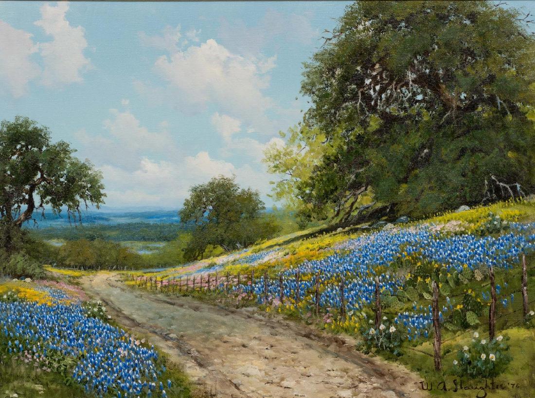 William Slaughter (1923-2003), Bluebonnets and Cactus,: William Slaughter (1923-2003), Bluebonnets and Cactus, 1976, oil on canvas, 18 x 24", frame: 27.25 x 33.25" William A. Slaughter was born in San Antonio. His first call was to the ministry and after s