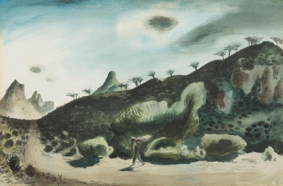 Millard Sheets (1907-1989), Mountainside, watercolor,: Millard Sheets (1907-1989), Mountainside, watercolor, sight: 14.25 x 22", frame: 30 x 36" Born in Pomona, California on June 24, 1907, Sheets grew up on a ranch where he developed a love of the land a