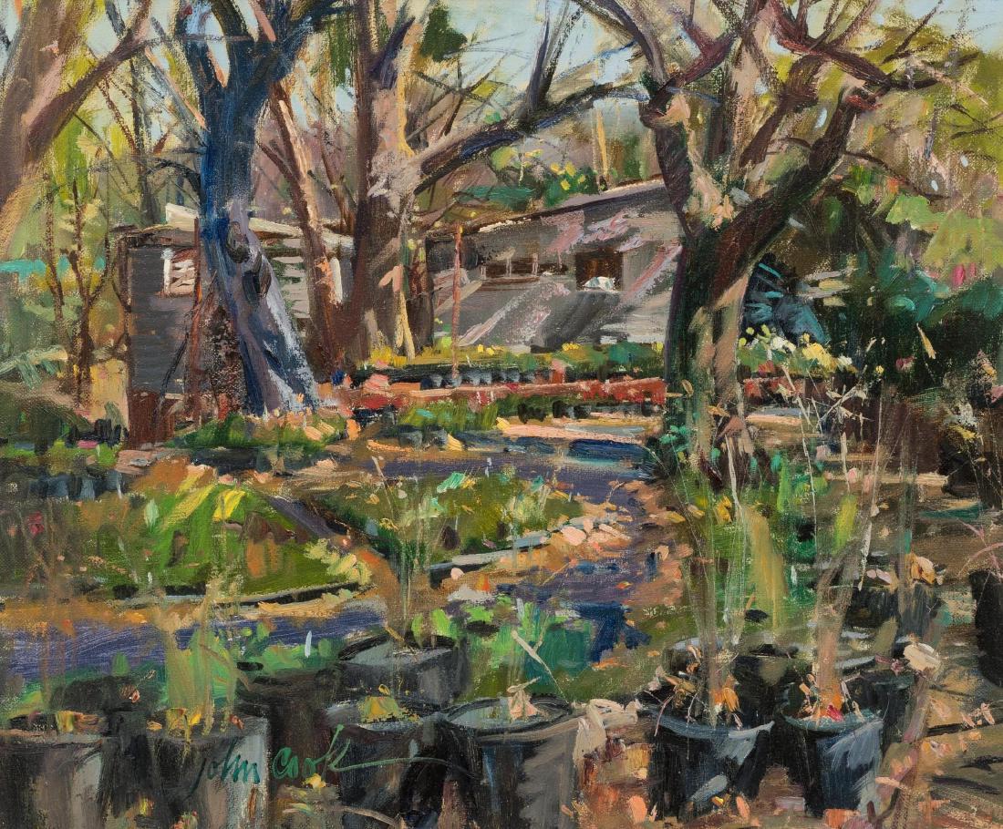 John Cook (b. 1941), "Back Yard Pots", oil on canvas,: John Cook (b. 1941), "Back Yard Pots", oil on canvas, 20 x 24", frame:27.25 x 31.25" Cook began his fine art career in 1990 at the age of 49, inspired early by the paintings of Russian-American
