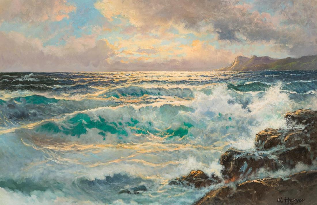 G. Harvey (1933-2017), Crashing Waves, 1958, oil: G. Harvey (1933-2017), Crashing Waves, 1958, oil on canvas, 24 x 36", frame: 31.25 x 43.25" Note: Authenticated by Gerald and Patty Jones 3/5/17; painted after the work of Alexander Dzigurski at the U