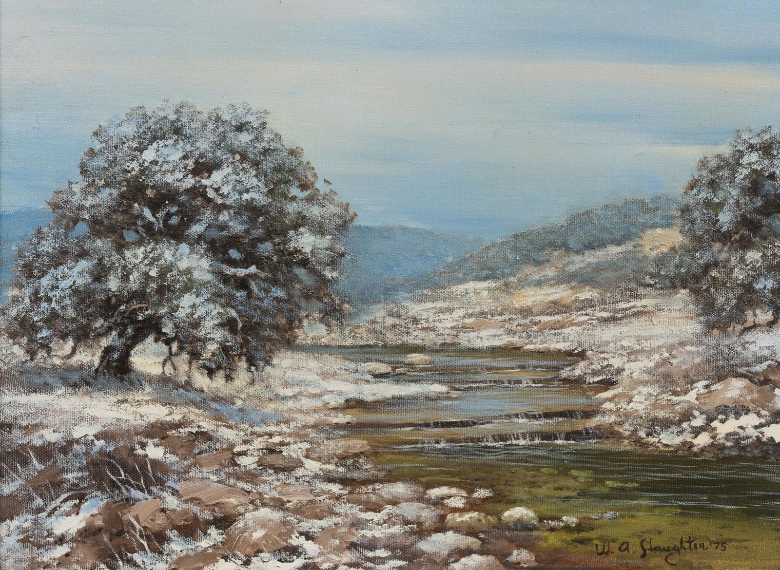 William Slaughter (1923-2003), Winter River, 1975, oil: William Slaughter (1923-2003), Winter River, 1975, oil on canvas, 12 x 16", frame: 15.5 x 19.5" William A. Slaughter was born in San Antonio. His first call was to the ministry and after serving in th