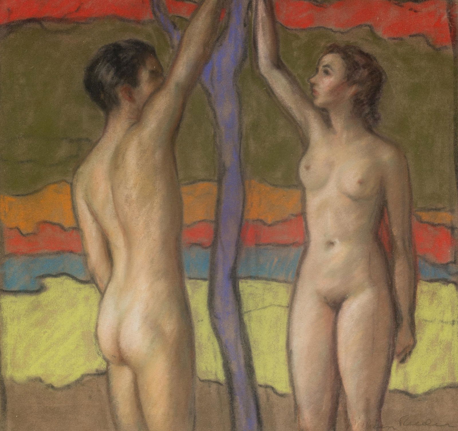Dickson Reeder (1912-1970), Adam and Eve, pastel,: Dickson Reeder (1912-1970), Adam and Eve, pastel, sight: 10.25 x 10.75", frame: 14.25 x 14.75" Edward Dickson Reeder began his art education under Sallie Blyth Mummert and Sallie Gillespie before atte