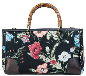 Gucci Bamboo Flora Tote Shopper Bag: Gucci (Italy, 2014), Bamboo flora print tote shopper bag in collaboration with the Canadian artist Kris Knight, with multicolor floral print over black ground, having polished brass hardware
