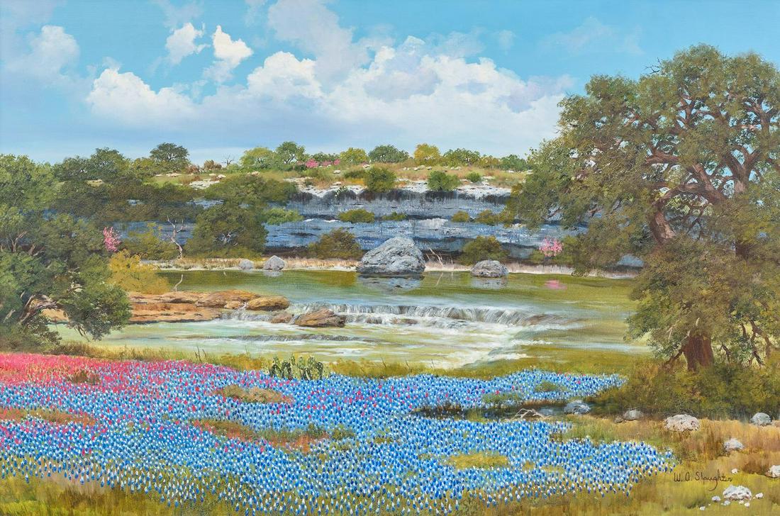 William Slaughter (1923-2003), "Bluebonnets and Oaks",: William Slaughter (1923-2003), "Bluebonnets and Oaks", oil on canvas, 24 x 36", frame: 34.5 x 46.5" William A. Slaughter was born in San Antonio. His first call was to the ministry and after serving i
