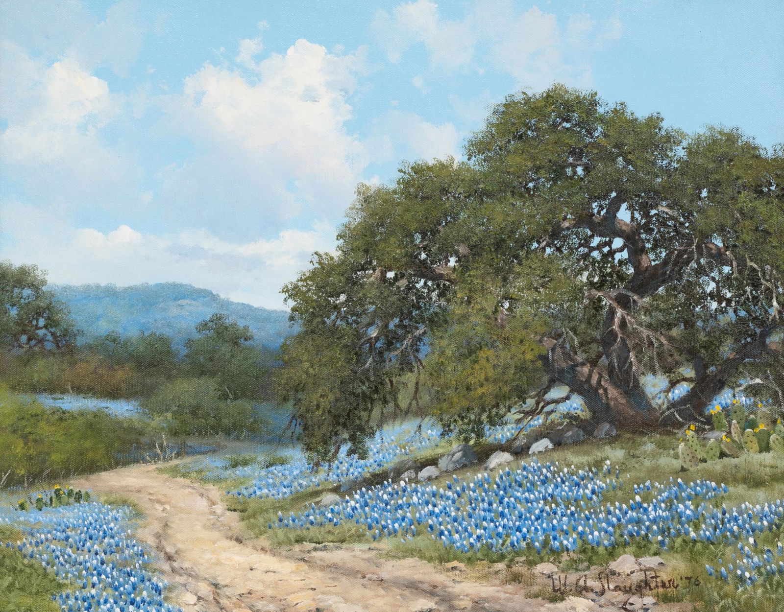 William A. Slaughter (1923-2003), Bluebonnets, oil: William A. Slaughter (1923-2003), Hill Country Bluebonnets, 1976, oil on canvas, 16 x 20", frame: 23.25 x 27.25" William A. Slaughter was born in San Antonio, Texas in 1923 and died in Dallas, Texas D