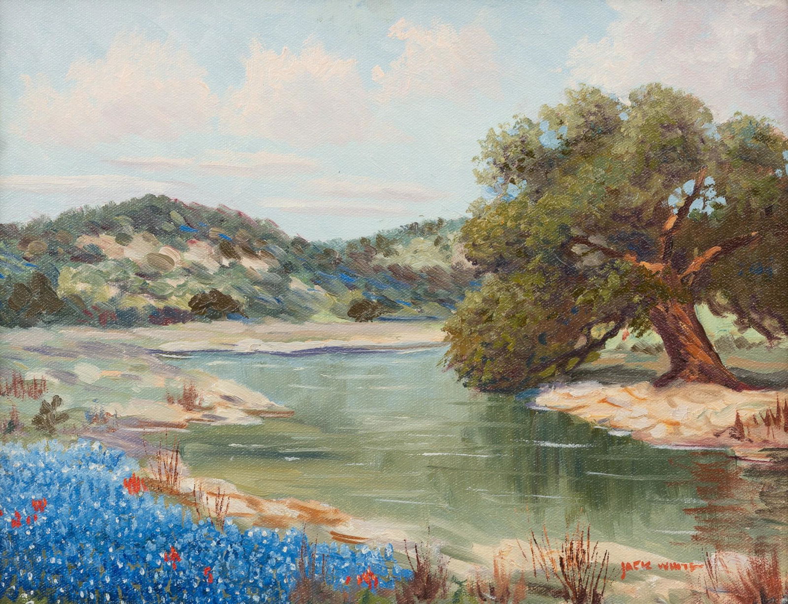 Jack White (1933-2016), River Bluebonnets, oil on: Jack White (1933-2016), River Bluebonnets, oil on board, sight: 10.5 x 13.5", frame: 16.25 x 19.25" Jack White is a native of Brady, Texas and began his career as a portrait and landscape painter in t