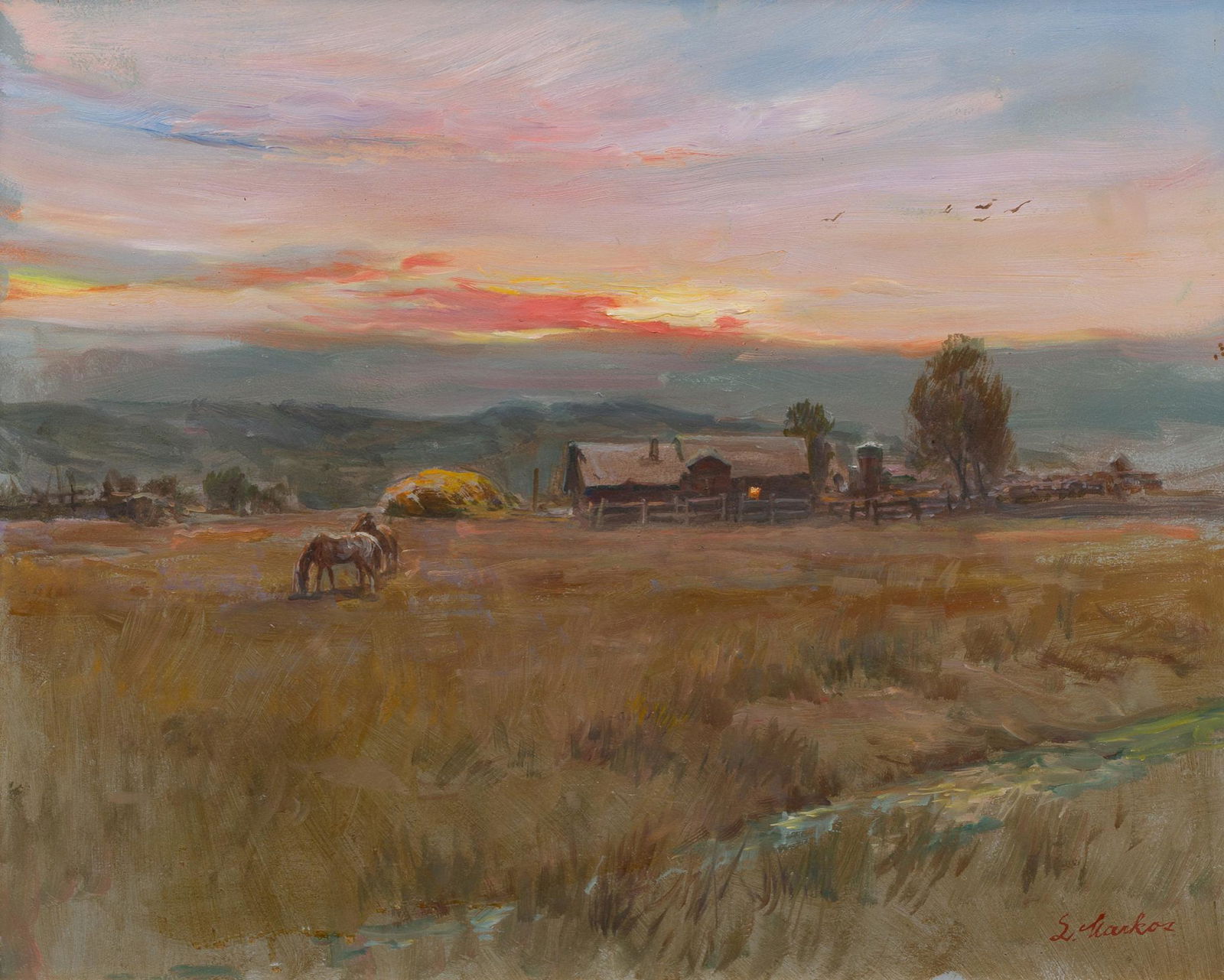 Lajos Markos (1917-1993), Western Ranch, oil on board,: Lajos Markos (1917-1993), Western Ranch, oil on board, 16 x 20", frame: 19.75 x 23.75" A European, he was trained at the Royal Academy of Budapest. He came to the United States following World War II