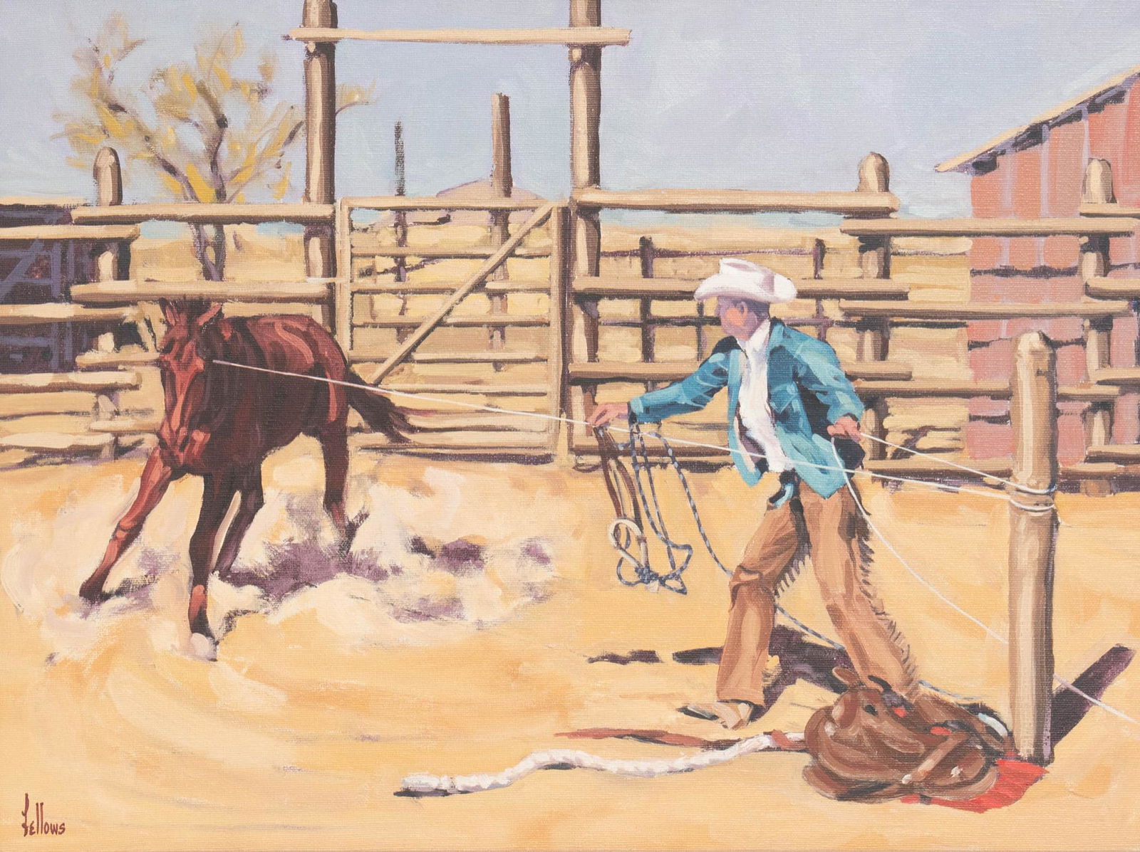 Fred Fellows (b. 1934), "Snubbin' Old Red": Fred Fellows (b. 1934), "Snubbin' Old Red", oil on canvas, 18 x 24", frame: 25 x 31.25" Fred Fellows grew up in California where he worked as a cowboy and was apprenticed for four years to a saddlemak