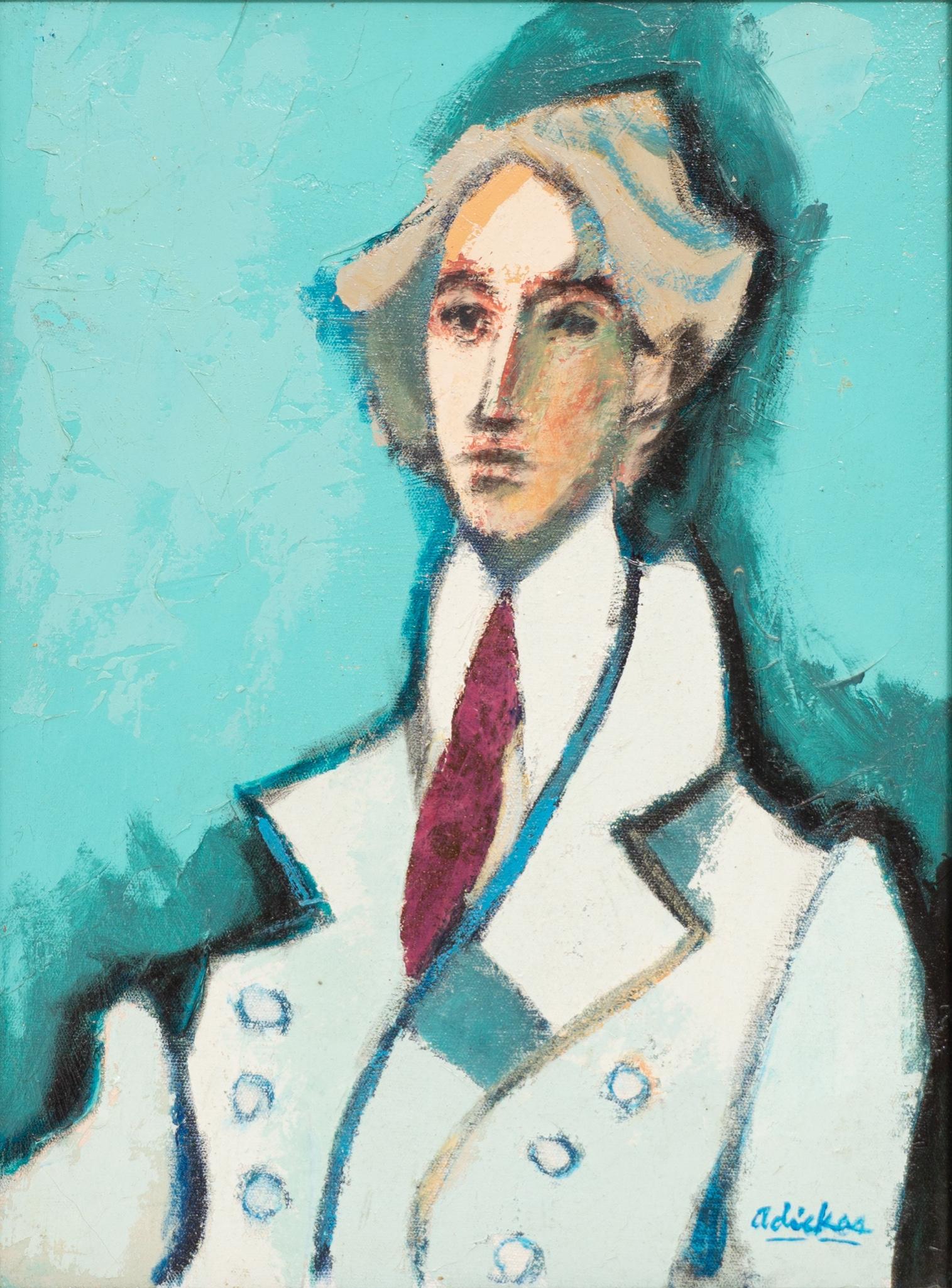 David Adickes (b. 1927), "Young Man in White Coat",: David Adickes (b. 1927), "Young Man in White Coat", 1994, oil on canvasboard, 16 x 12", frame: 22.75 x 18.75" David Adickes was born in 1927 in Texas. The career of this well known Texas artist and sc
